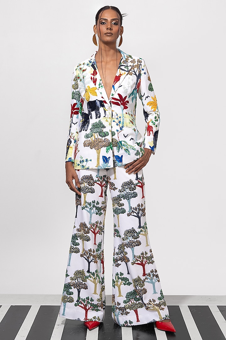 Ivory & Multi-Colored Textured Cotton Printed & Embroidered Blazer Set by Nautanky By Nilesh Parashar at Pernia's Pop Up Shop