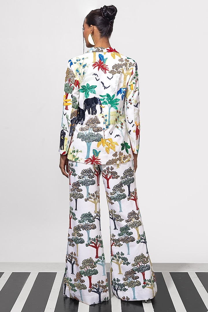 Ivory & Multi-Colored Textured Cotton Printed & Embroidered Blazer Set by Nautanky By Nilesh Parashar at Pernia's Pop Up Shop