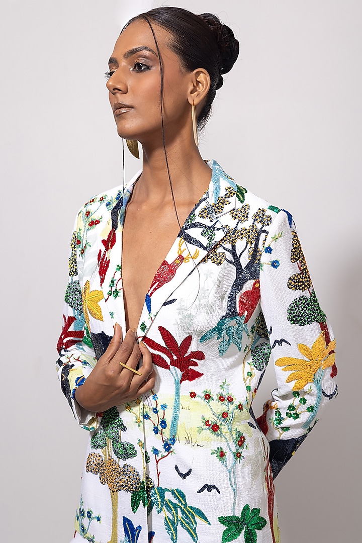 Ivory & Multi-Colored Textured Cotton Printed & Embroidered Blazer Set by Nautanky By Nilesh Parashar at Pernia's Pop Up Shop