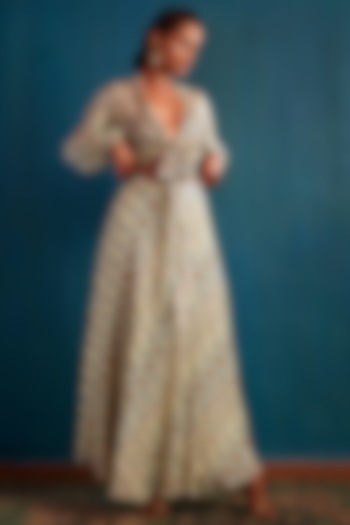 Beige Chiffon Skirt Set by Nautanky By Nilesh Parashar at Pernia's Pop Up Shop