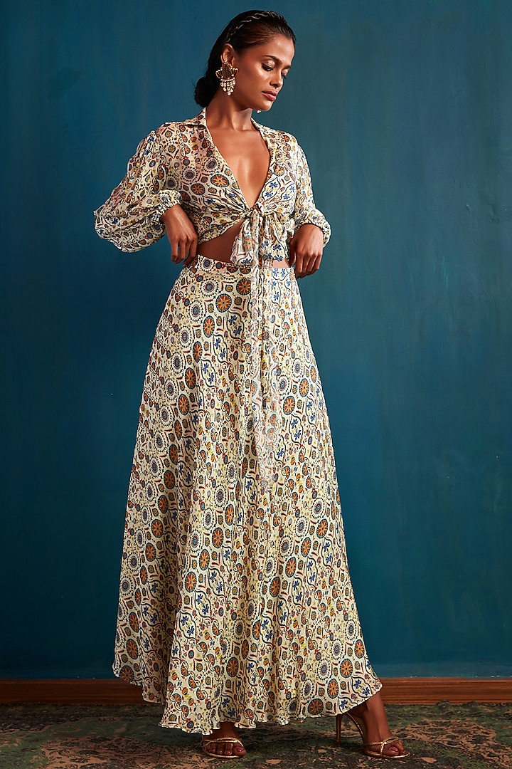 Beige Chiffon Skirt Set by Nautanky By Nilesh Parashar at Pernia's Pop Up Shop