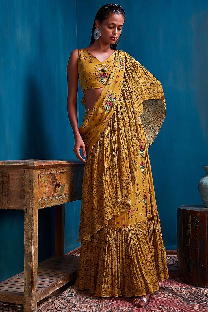 Mustard Green Skirt Set by Nautanky By Nilesh Parashar at Pernia's Pop Up Shop