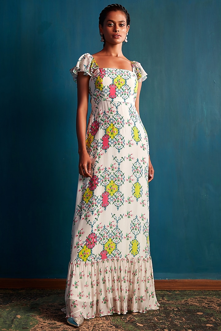 Ivory Ruffled Maxi Dress by Nautanky By Nilesh Parashar