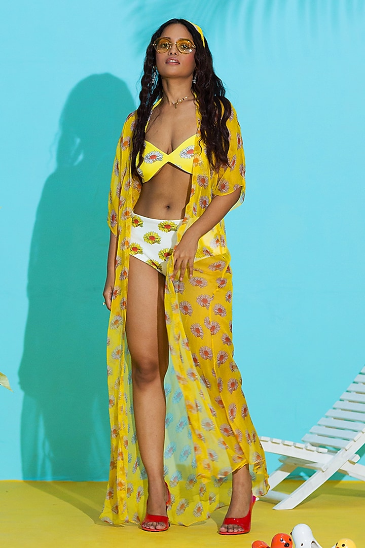 Yellow & Ivory Printed Bikini Set by Nautanky By Nilesh Parashar