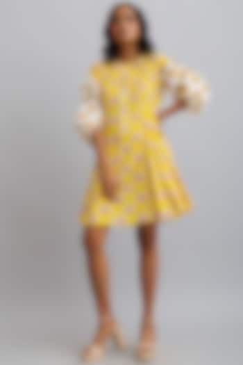 Yellow & Ivory Cotton Printed Dress by Nautanky By Nilesh Parashar