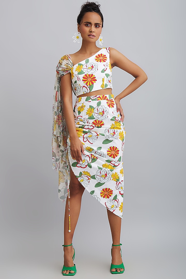 White Fine Cotton Printed Skirt Set by Nautanky By Nilesh Parashar at Pernia's Pop Up Shop