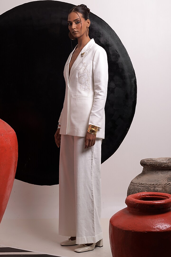 Ivory Handwoven Cotton Blazer Set by Nautanky By Nilesh Parashar at Pernia's Pop Up Shop