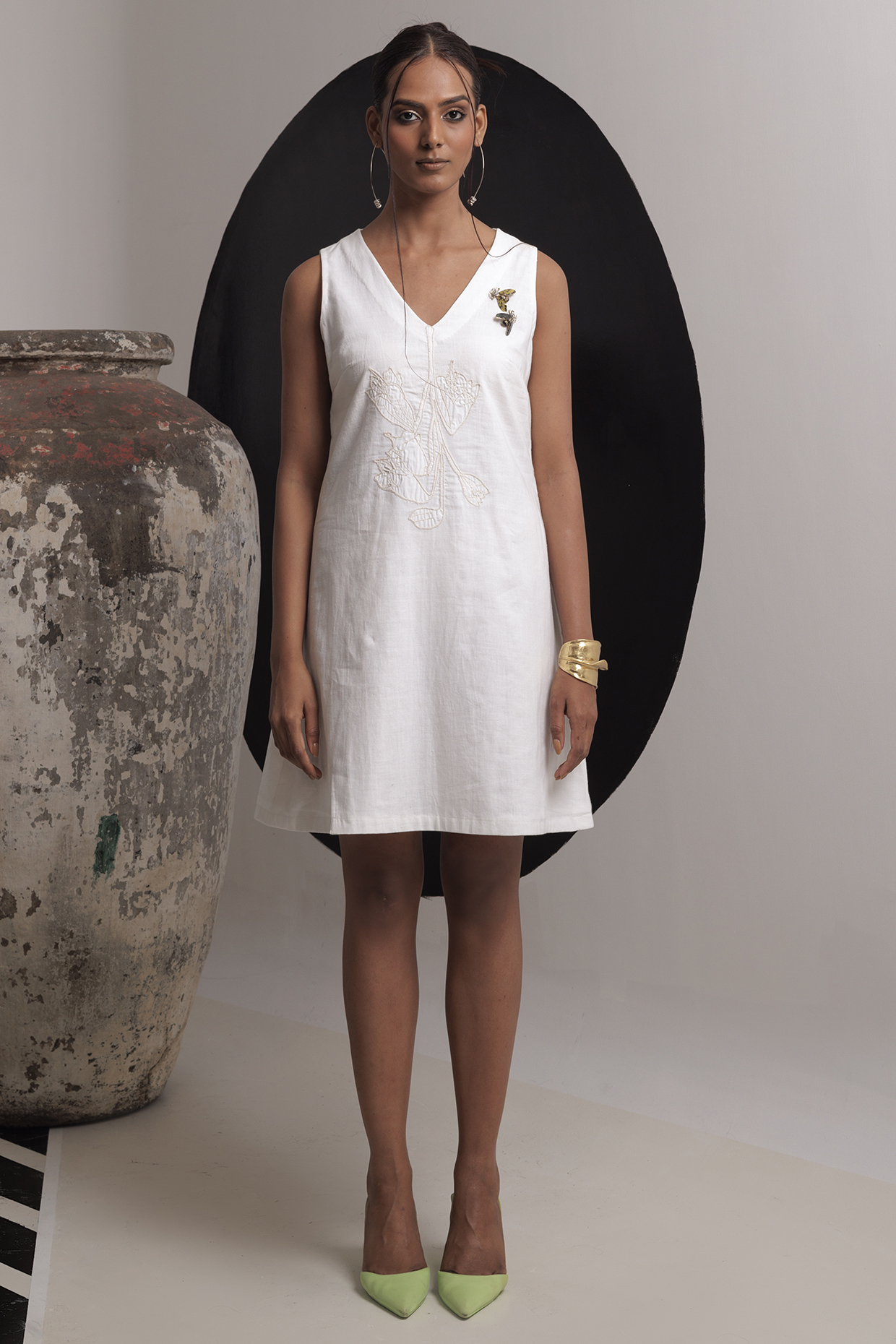 Ivory Handwoven Cotton A-Line Dress by Nautanky By Nilesh Parashar at Pernia's Pop Up Shop