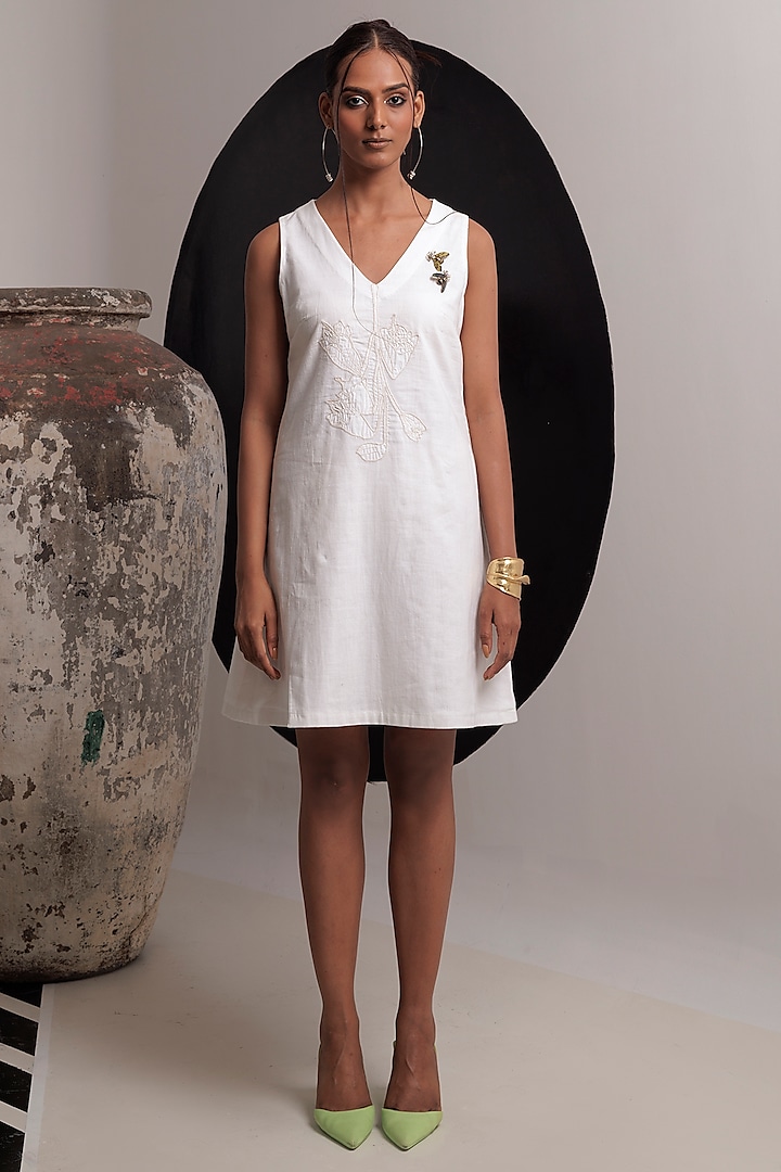 Ivory Handwoven Cotton A-Line Dress by Nautanky By Nilesh Parashar at Pernia's Pop Up Shop