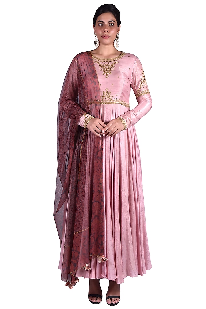Blush Pink Chanderi Silk Anarkali Set by Nautanky By Nilesh Parashar