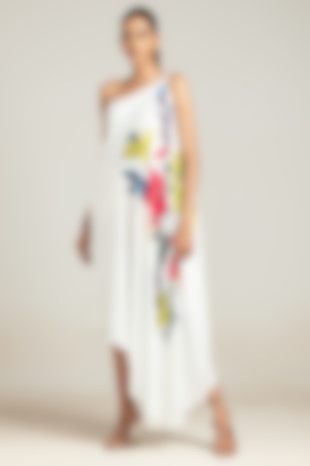 White Natural Crepe Floral Printed One-Shoulder Summer Dress by Nautanky By Nilesh Parashar at Pernia's Pop Up Shop