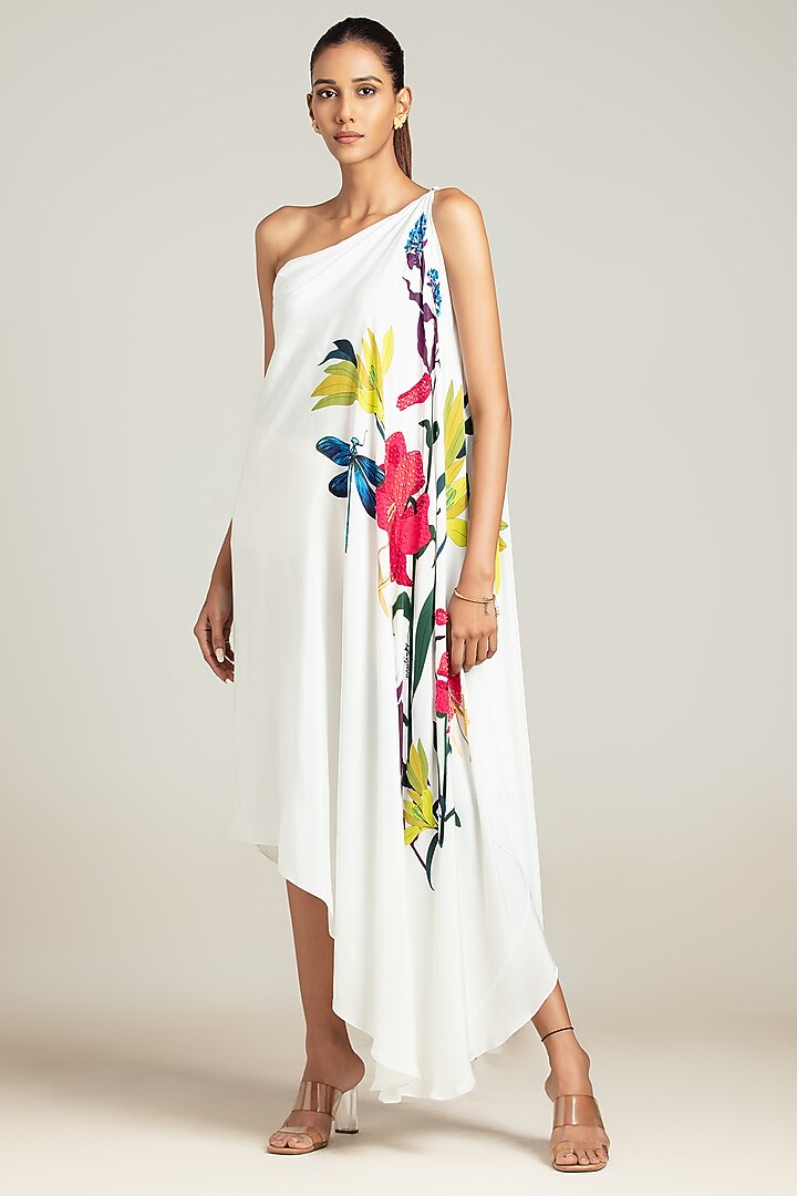 White Natural Crepe Floral Printed One-Shoulder Summer Dress by Nautanky By Nilesh Parashar at Pernia's Pop Up Shop