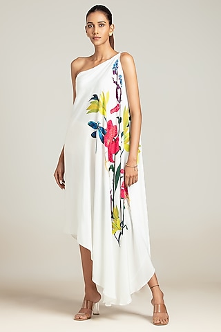 White Natural Crepe Floral Printed One-Shoulder Dress by Nautanky By Nilesh Parashar