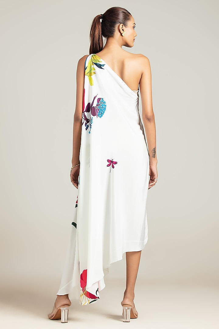 White Natural Crepe Floral Printed One-Shoulder Summer Dress by Nautanky By Nilesh Parashar at Pernia's Pop Up Shop