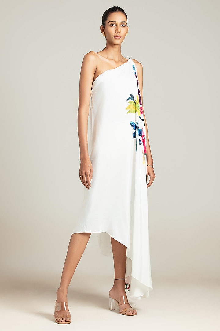 White Natural Crepe Floral Printed One-Shoulder Summer Dress by Nautanky By Nilesh Parashar at Pernia's Pop Up Shop
