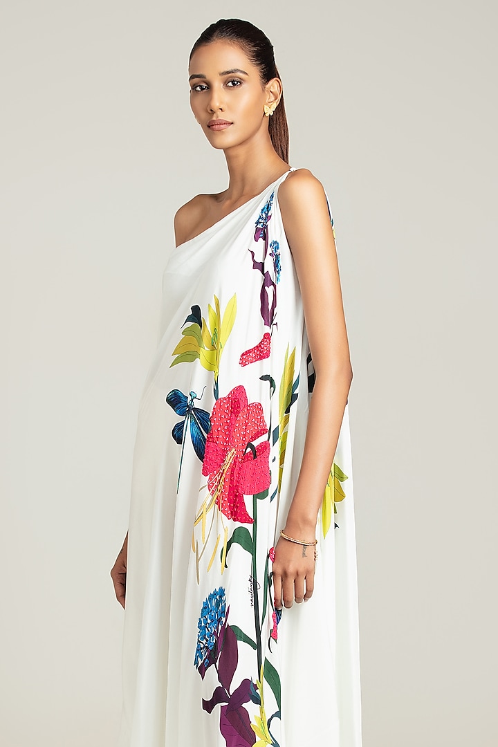 White Natural Crepe Floral Printed One-Shoulder Summer Dress by Nautanky By Nilesh Parashar at Pernia's Pop Up Shop