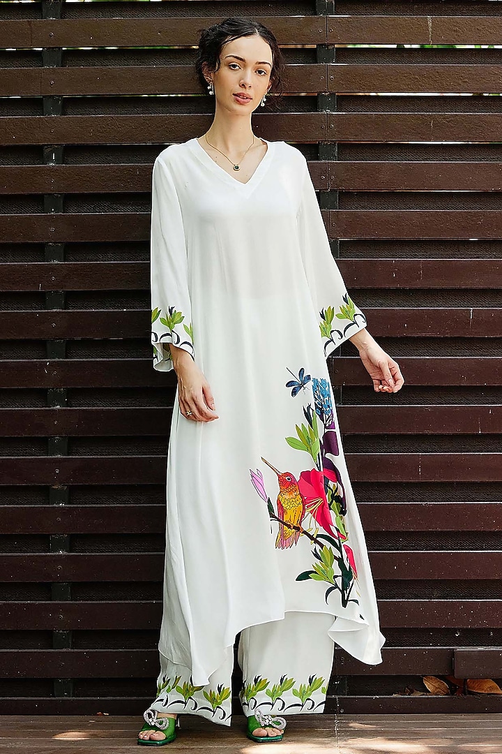 White Natural Crepe Floral Printed A-Line Kurta Set by Nautanky By Nilesh Parashar at Pernia's Pop Up Shop