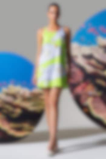 Green Neoprene Printed & Bead Hand Embroidered A-Line Vacation Dress by Nautanky By Nilesh Parashar at Pernia's Pop Up Shop