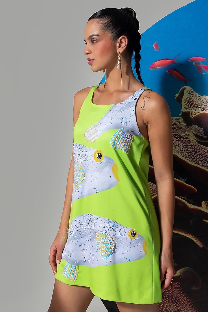 Green Neoprene Printed & Bead Hand Embroidered A-Line Vacation Dress by Nautanky By Nilesh Parashar at Pernia's Pop Up Shop