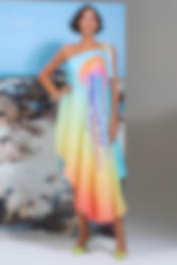 Multi-Colored Cotton Linen Bead Embroidered One-Shoulder Vacation Dress by Nautanky By Nilesh Parashar at Pernia's Pop Up Shop