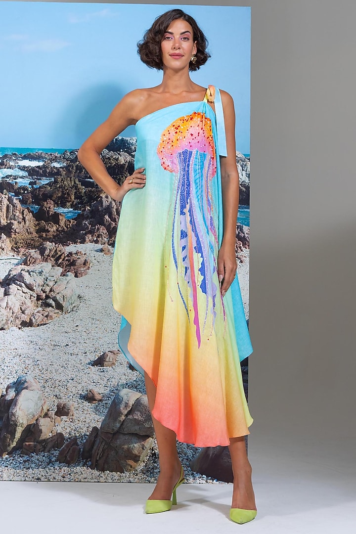 Multi-Colored Cotton Linen Bead Embroidered One-Shoulder Vacation Dress by Nautanky By Nilesh Parashar at Pernia's Pop Up Shop