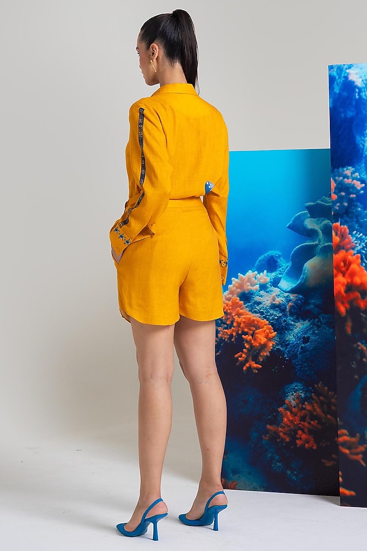 Mustard Cotton Linen Embroidered Co-Ord Set by Nautanky By Nilesh Parashar at Pernia's Pop Up Shop