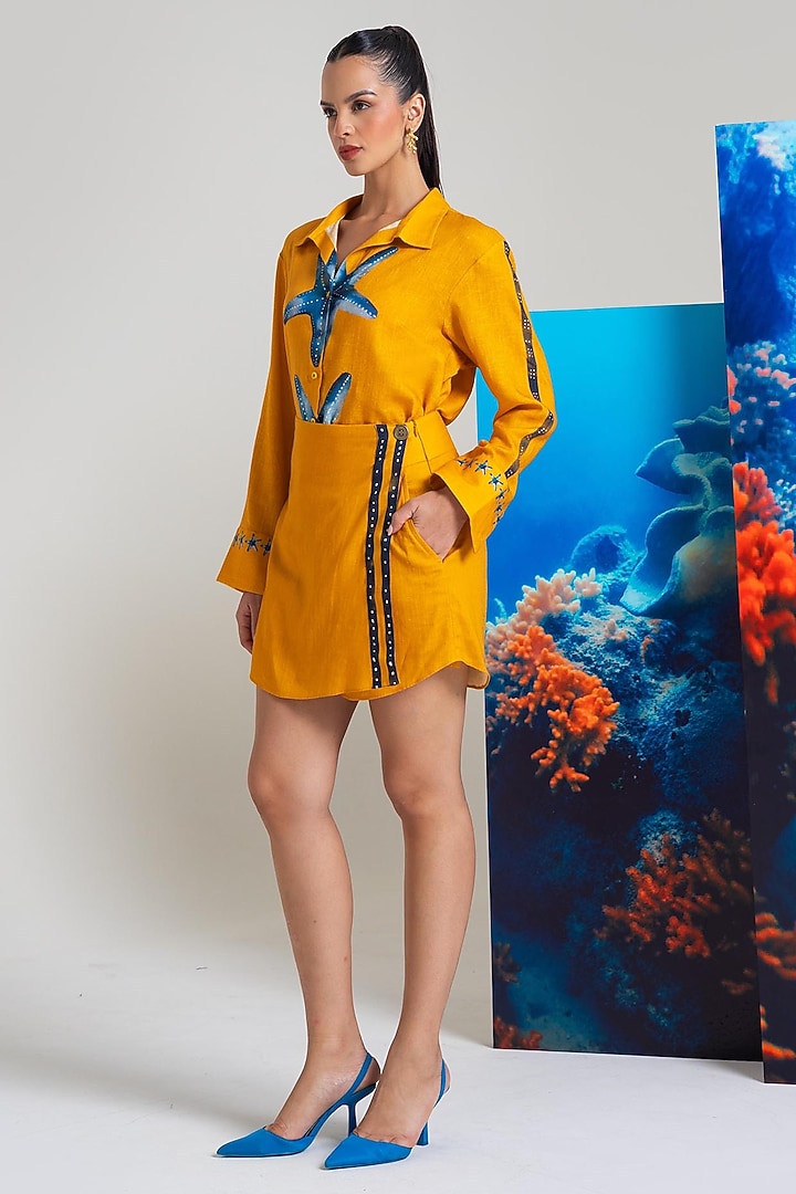Mustard Cotton Linen Embroidered Co-Ord Set by Nautanky By Nilesh Parashar at Pernia's Pop Up Shop