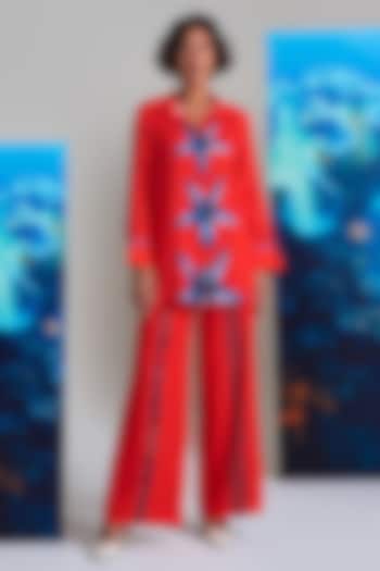 Red Cotton Linen Embroidered Co-Ord Set by Nautanky By Nilesh Parashar at Pernia's Pop Up Shop