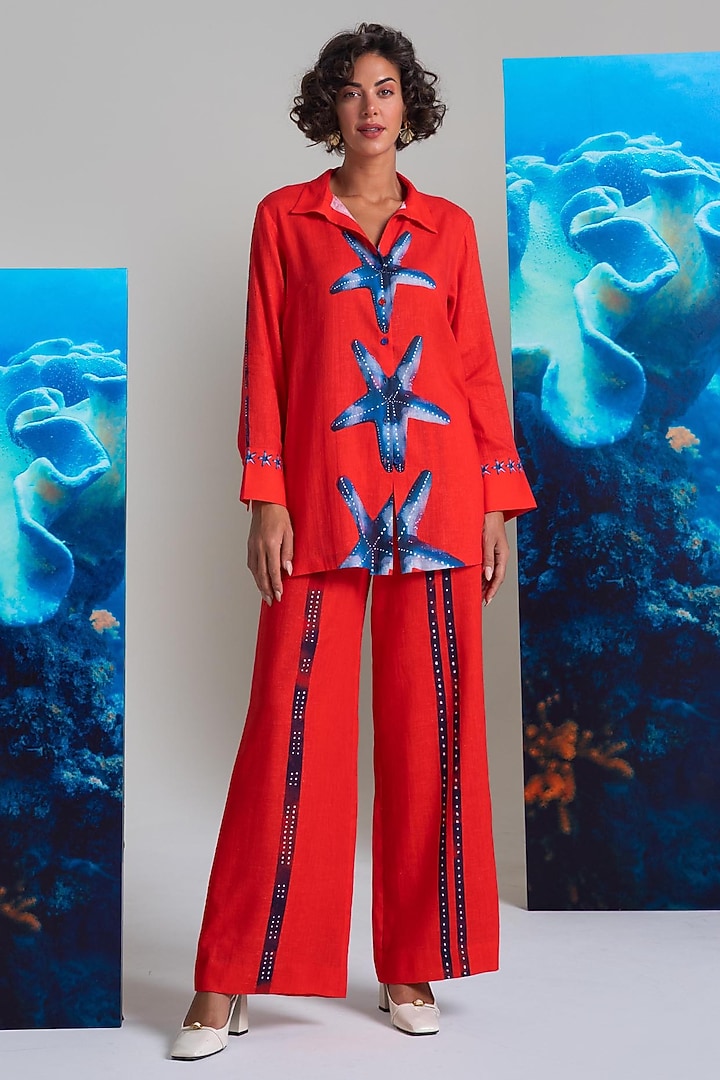 Red Cotton Linen Embroidered Co-Ord Set by Nautanky By Nilesh Parashar at Pernia's Pop Up Shop