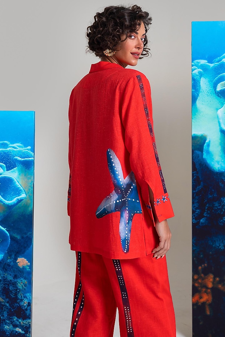 Red Cotton Linen Embroidered Co-Ord Set by Nautanky By Nilesh Parashar at Pernia's Pop Up Shop