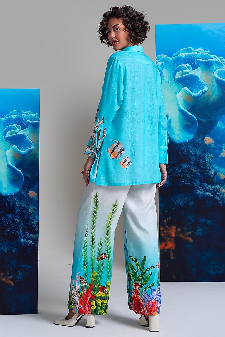 Blue & Ivory Cotton Linen Color-Blocked Co-Ord Set by Nautanky By Nilesh Parashar at Pernia's Pop Up Shop