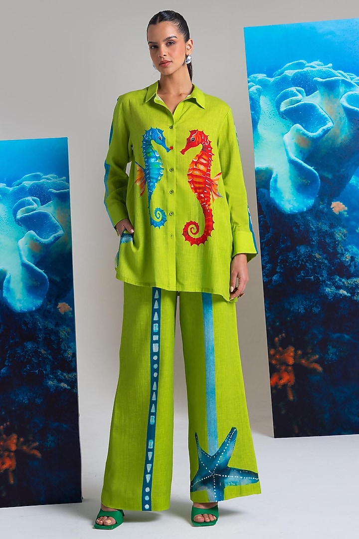 Green Cotton Linen Printed Co-Ord Set by Nautanky By Nilesh Parashar at Pernia's Pop Up Shop