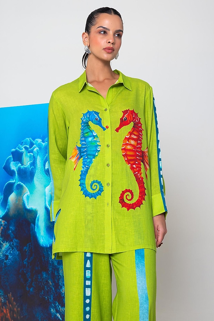 Green Cotton Linen Printed Co-Ord Set by Nautanky By Nilesh Parashar at Pernia's Pop Up Shop