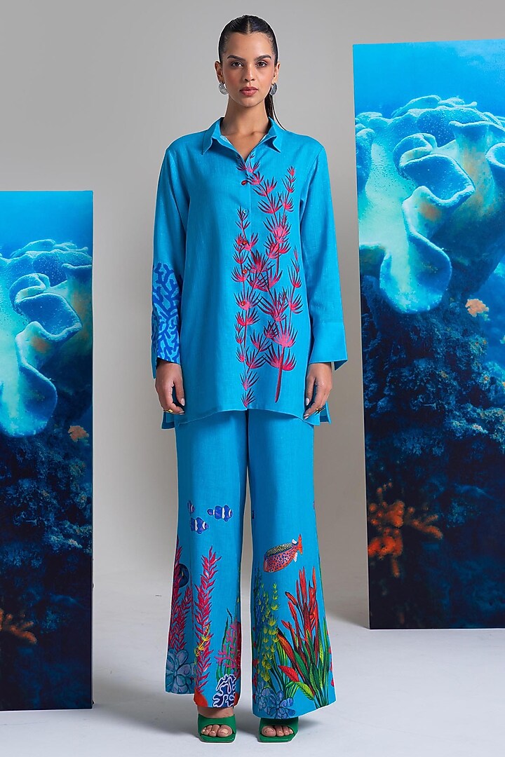 Blue Cotton Linen Printed Co-Ord Set by Nautanky By Nilesh Parashar at Pernia's Pop Up Shop