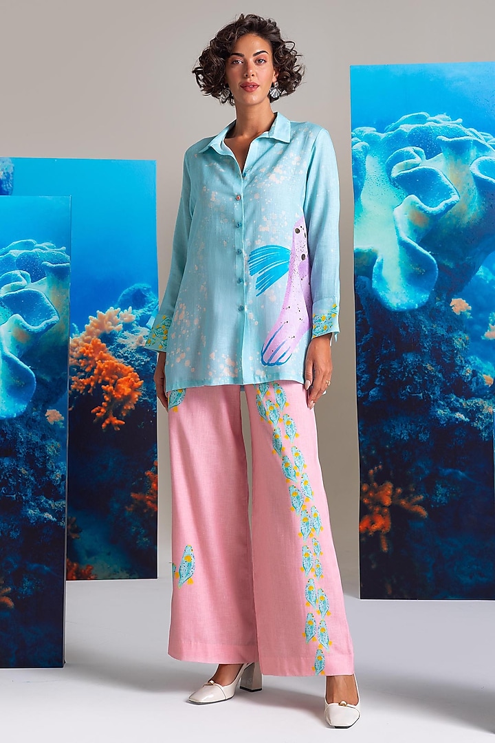 Ice Blue & Pink Cotton Linen Co-Ord Set by Nautanky By Nilesh Parashar at Pernia's Pop Up Shop