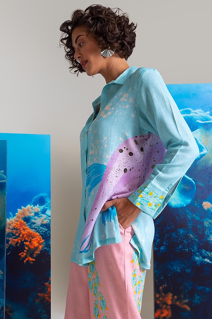 Ice Blue & Pink Cotton Linen Co-Ord Set by Nautanky By Nilesh Parashar at Pernia's Pop Up Shop