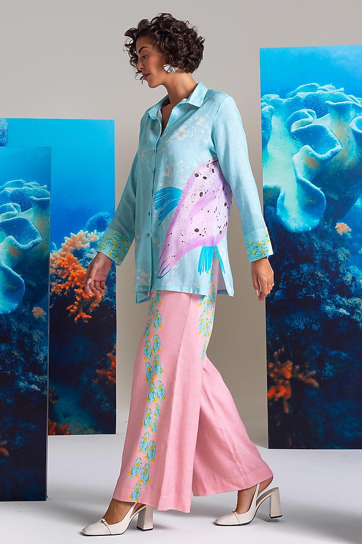 Ice Blue & Pink Cotton Linen Co-Ord Set by Nautanky By Nilesh Parashar at Pernia's Pop Up Shop