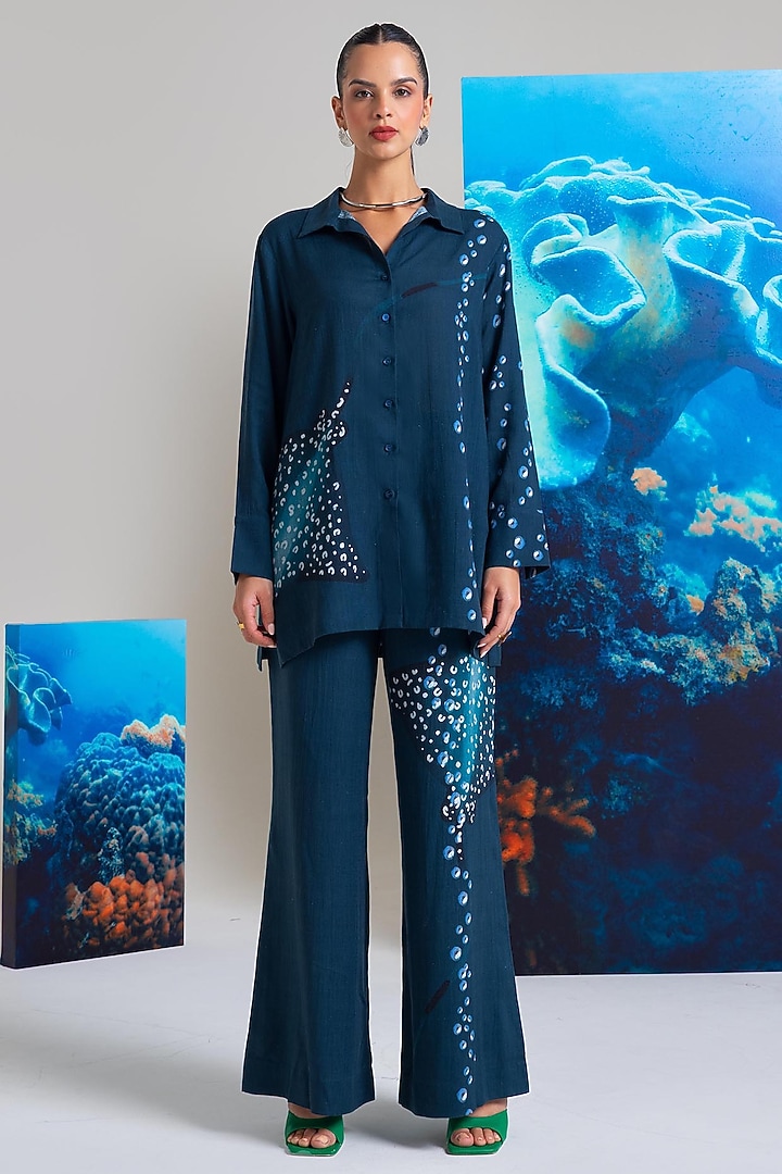 Navy Blue Cotton Linen Pearl Embroidered Co-Ord Set by Nautanky By Nilesh Parashar at Pernia's Pop Up Shop