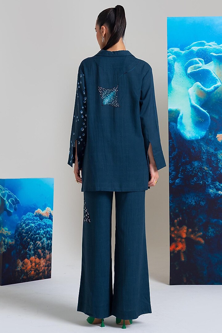 Navy Blue Cotton Linen Pearl Embroidered Co-Ord Set by Nautanky By Nilesh Parashar at Pernia's Pop Up Shop