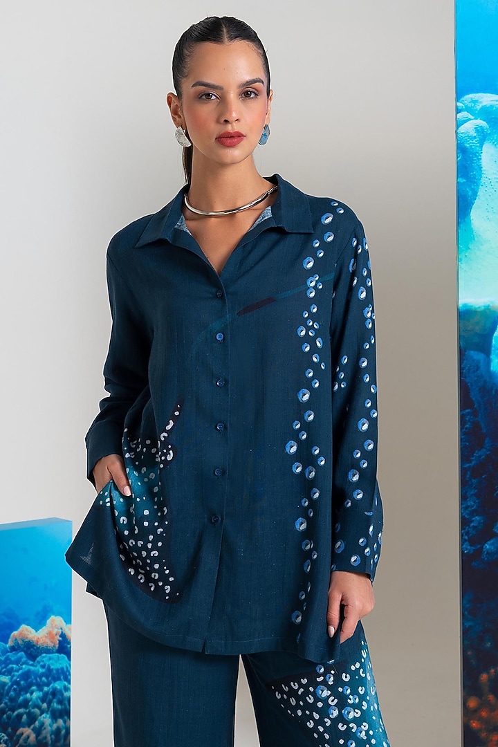 Navy Blue Cotton Linen Pearl Embroidered Co-Ord Set by Nautanky By Nilesh Parashar at Pernia's Pop Up Shop