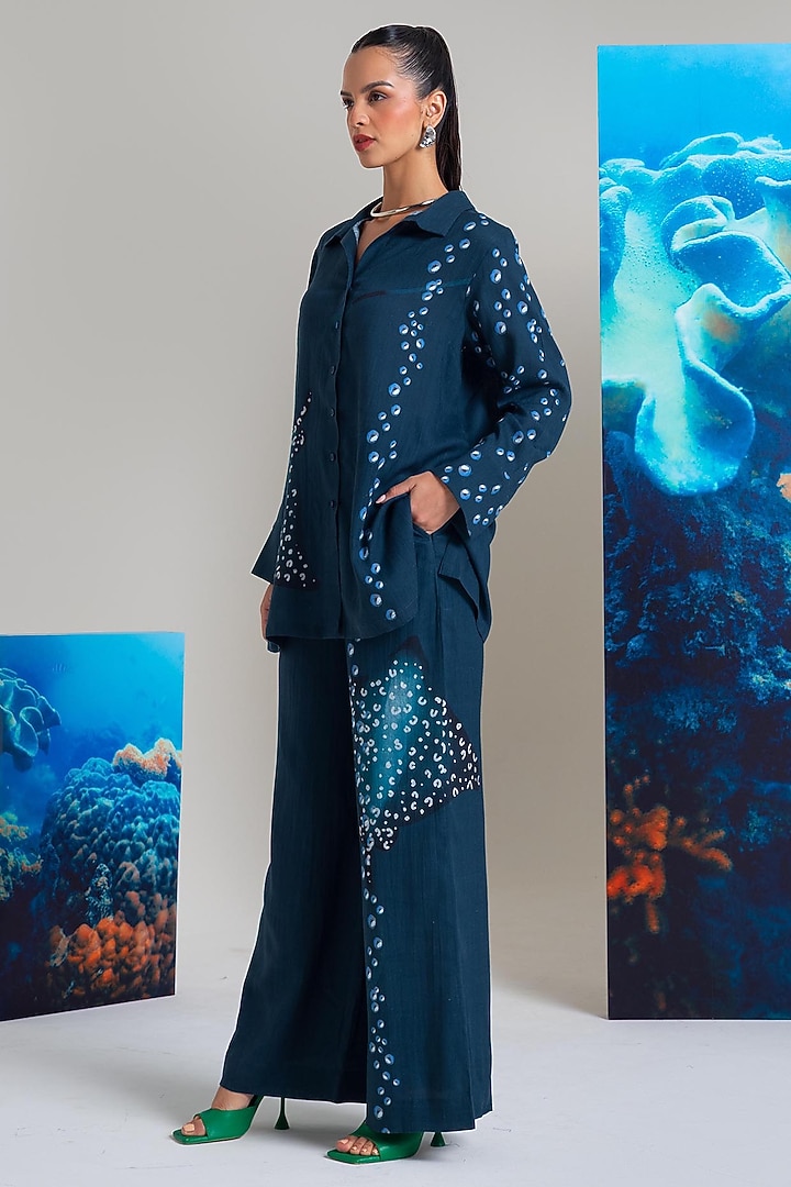 Navy Blue Cotton Linen Pearl Embroidered Co-Ord Set by Nautanky By Nilesh Parashar at Pernia's Pop Up Shop