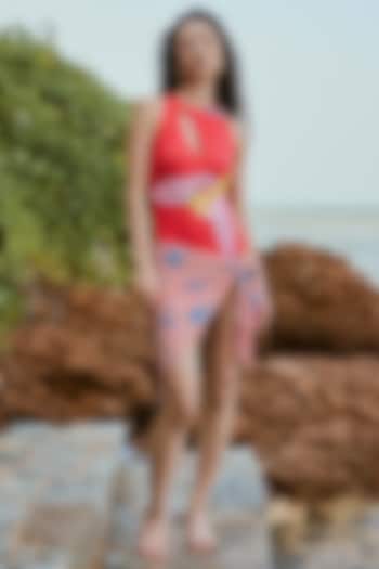 Red Neoprene Floral Printed Monokini With Cape by Nautanky By Nilesh Parashar at Pernia's Pop Up Shop