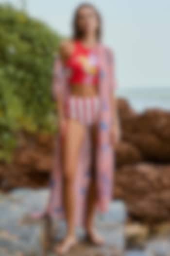 Red & White Neoprene Floral Printed Bikini Set by Nautanky By Nilesh Parashar at Pernia's Pop Up Shop