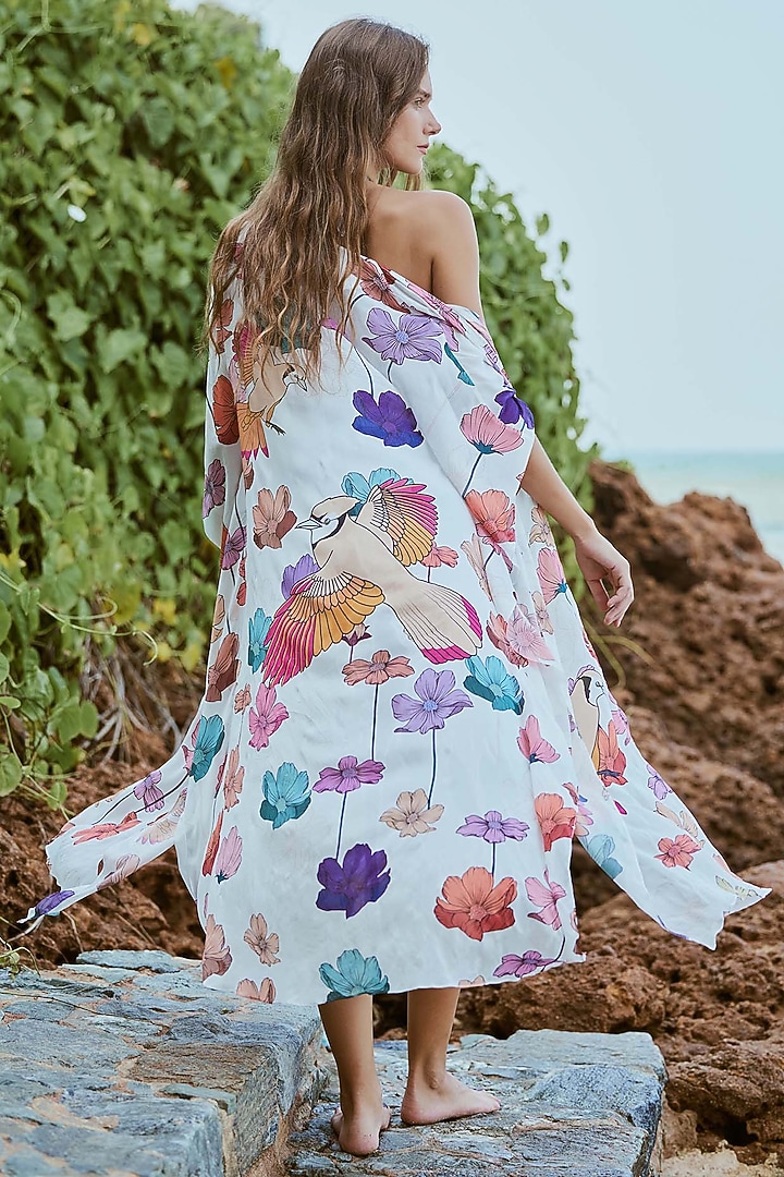 White Neoprene Floral Printed Monokini With Cape by Nautanky By Nilesh Parashar at Pernia's Pop Up Shop