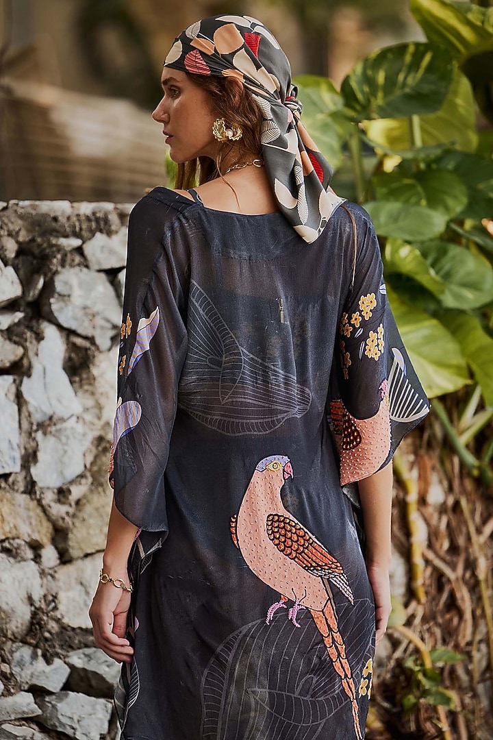 Charcoal Neoprene Floral Printed Kaftan With Bikini by Nautanky By Nilesh Parashar at Pernia's Pop Up Shop
