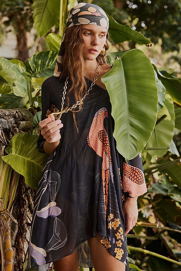 Charcoal Neoprene Floral Printed Kaftan With Bikini by Nautanky By Nilesh Parashar at Pernia's Pop Up Shop