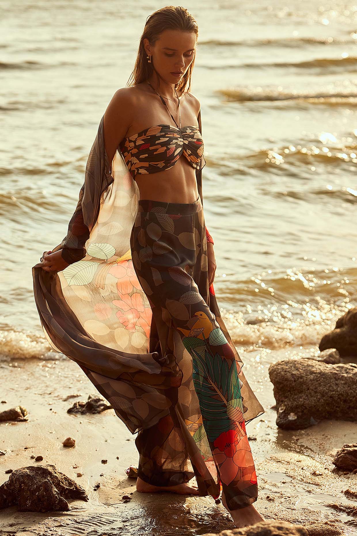 Nautanky By Nilesh Parashar Charcoal Natural Crepe Floral Printed Cape Set
