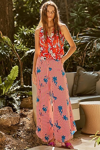 Red & Blue Natural Crepe Floral Printed Pant Set by Nautanky By Nilesh Parashar