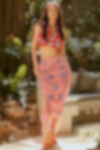 Red Natural Crepe Floral Printed Blazer Set by Nautanky By Nilesh Parashar at Pernia's Pop Up Shop