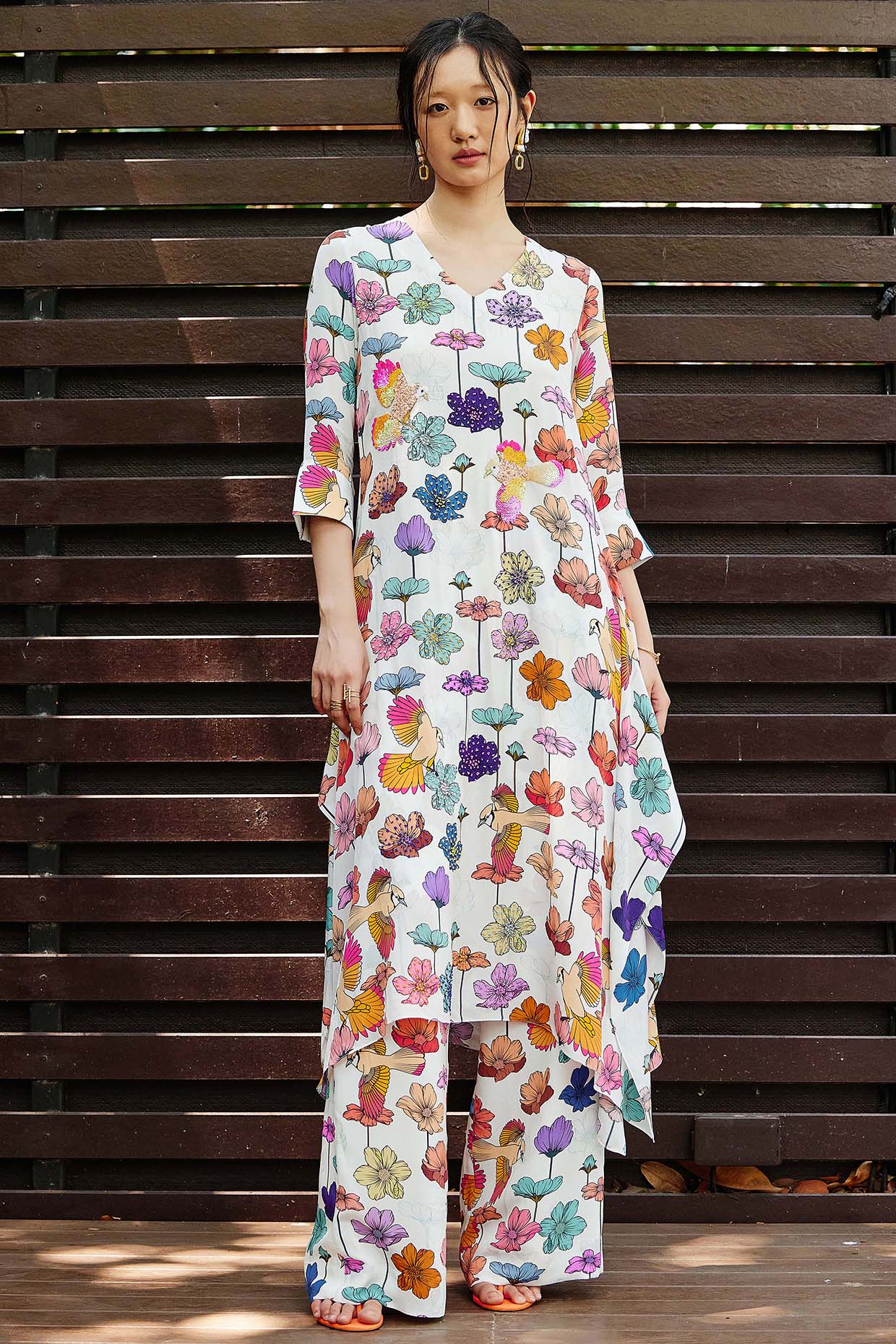 Nautanky By Nilesh Parashar White Natural Crepe Floral Printed High-Low Kurta Set
